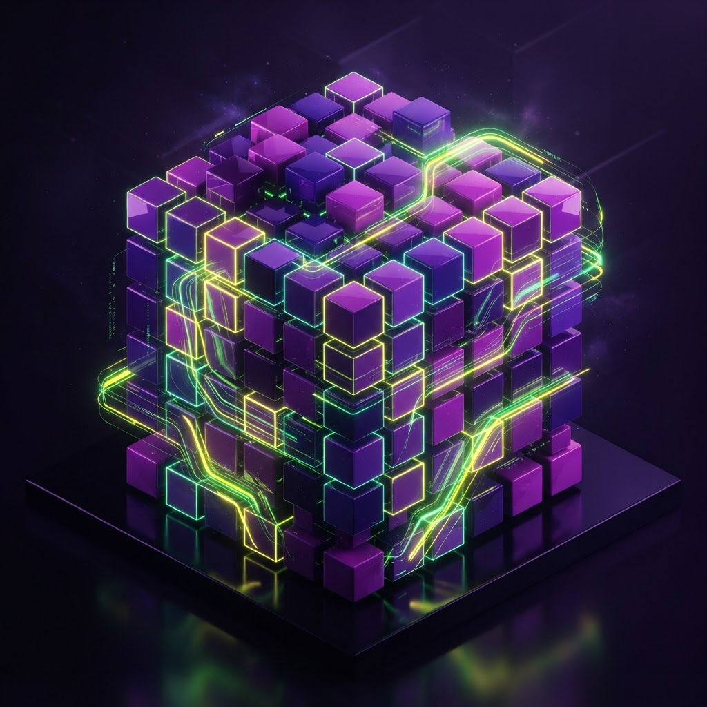 Cluster of glossy purple cubes with neon green glowing edges
