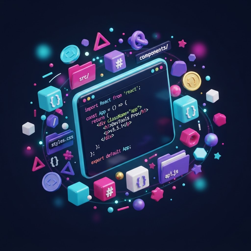Floating code editor surrounded by colorful developer icons