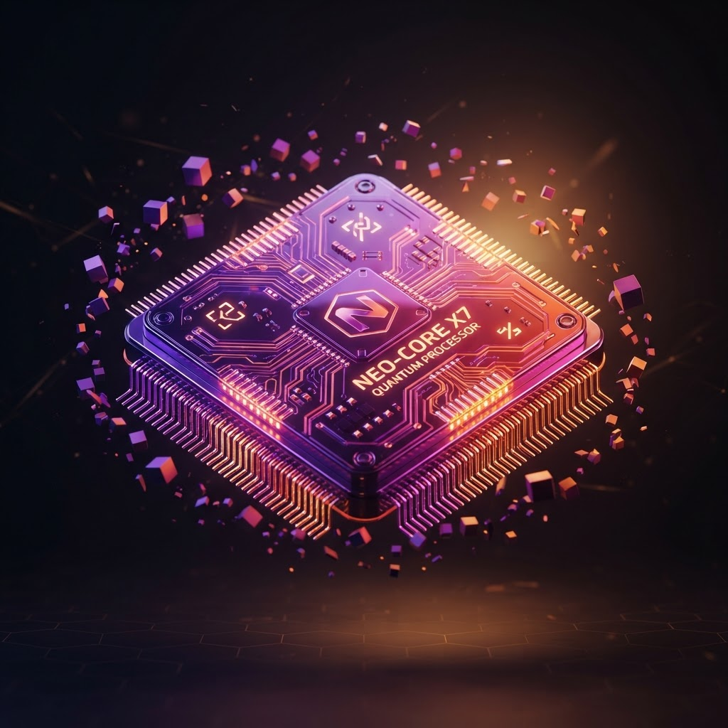 Glossy futuristic processor chip with glowing traces